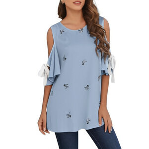 Davi & Dani Cold Shoulder Blouse Top‎ Sky Blue Zebra Print Keyhole Back Boho LG